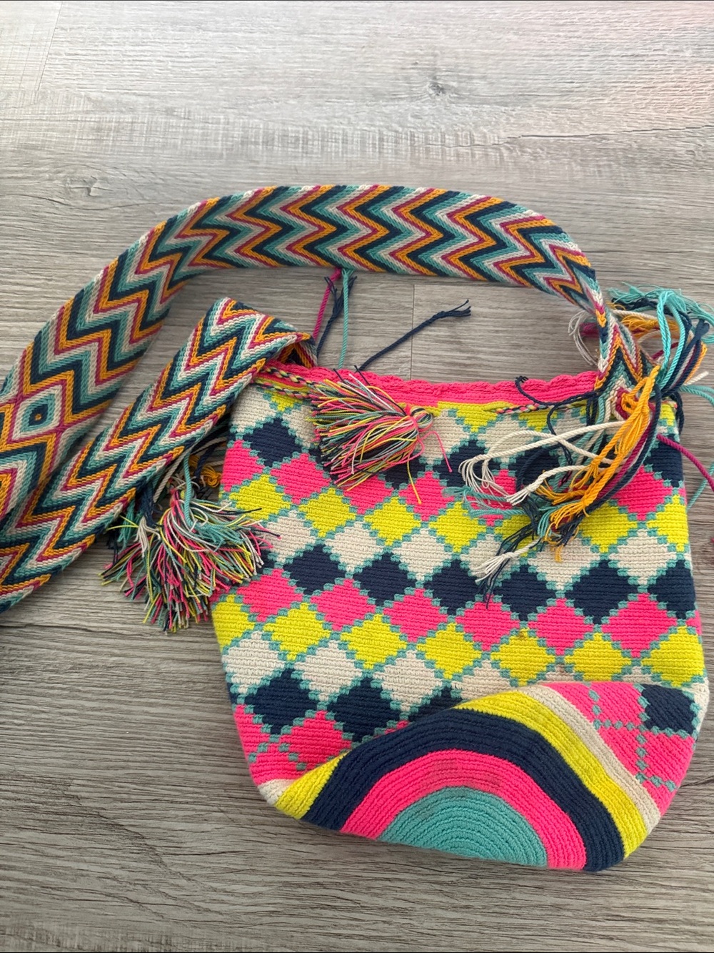 Handwoven Multicolor Geometric Shoulder Bag - Bright Pink, Yellow & Teal